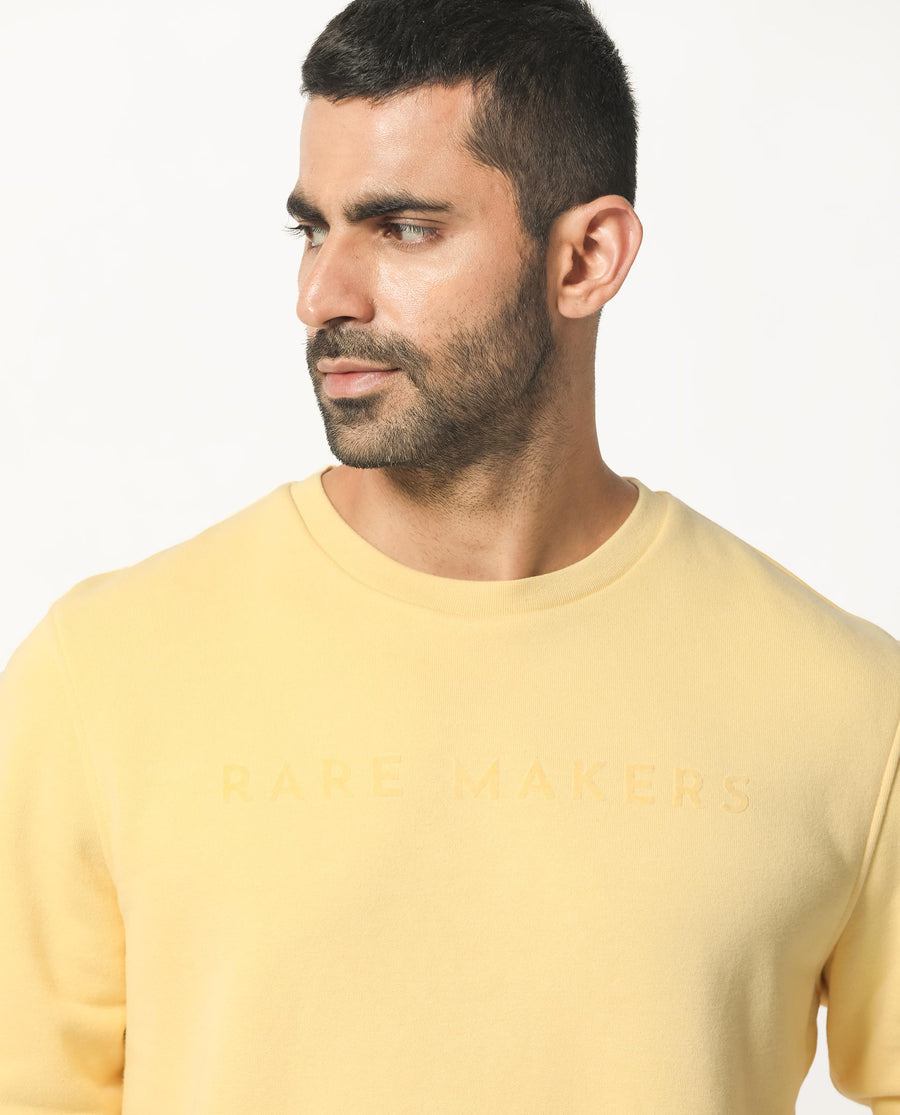 Rare Rabbit Men's Marko Yellow Cotton Graphic Print Regular Fit Full Sleeve Crew Neck Sweatshirt