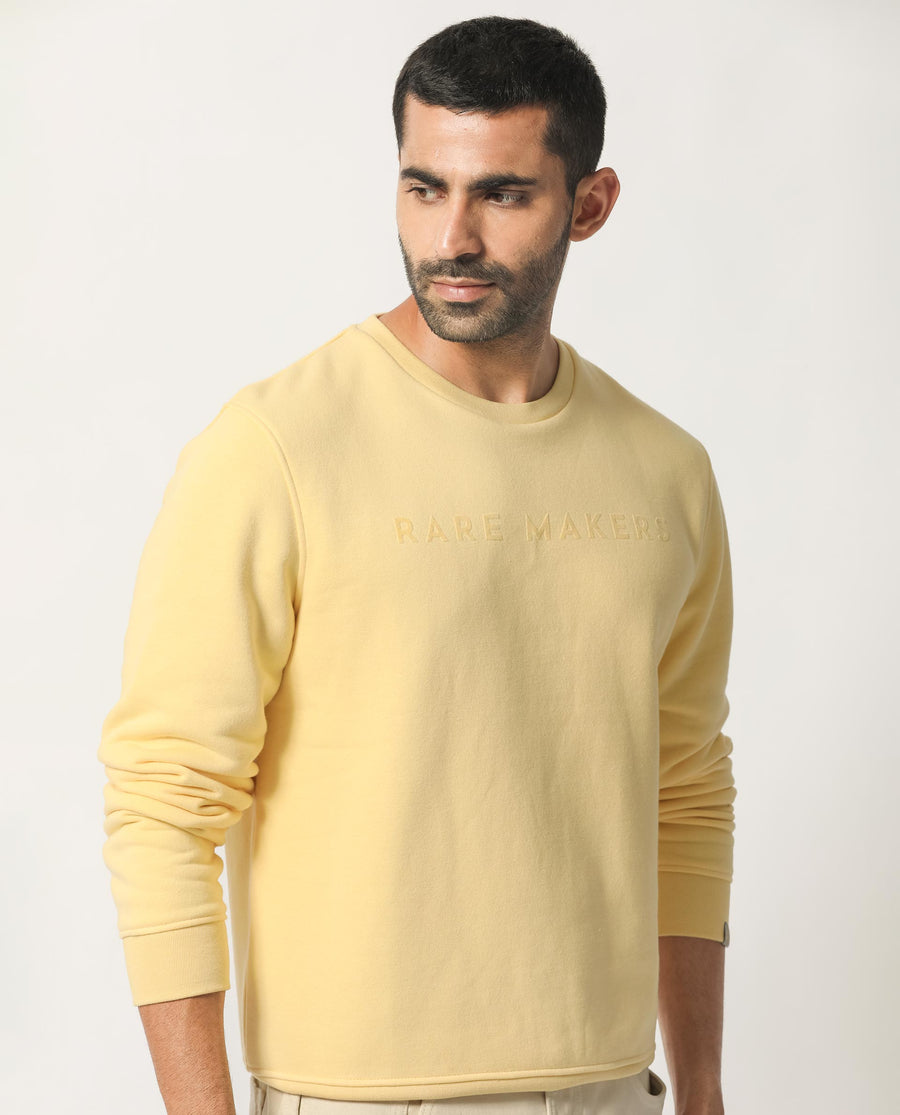 Rare Rabbit Men's Marko Yellow Cotton Graphic Print Regular Fit Full Sleeve Crew Neck Sweatshirt