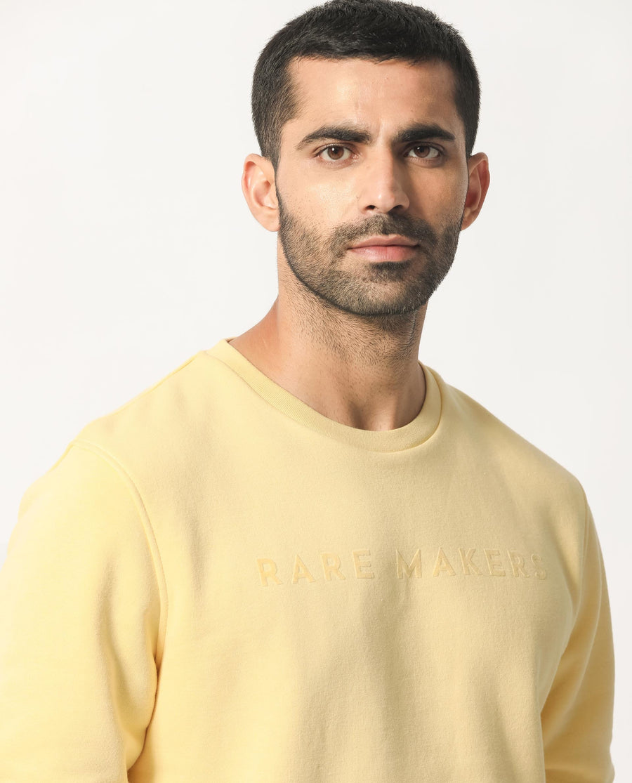 Rare Rabbit Men's Marko Yellow Cotton Graphic Print Regular Fit Full Sleeve Crew Neck Sweatshirt