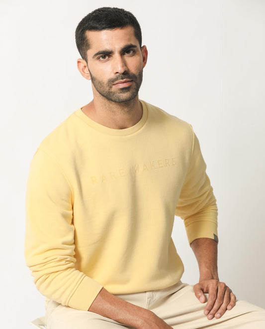 Rare Rabbit Men's Marko Yellow Cotton Graphic Print Regular Fit Full Sleeve Crew Neck Sweatshirt