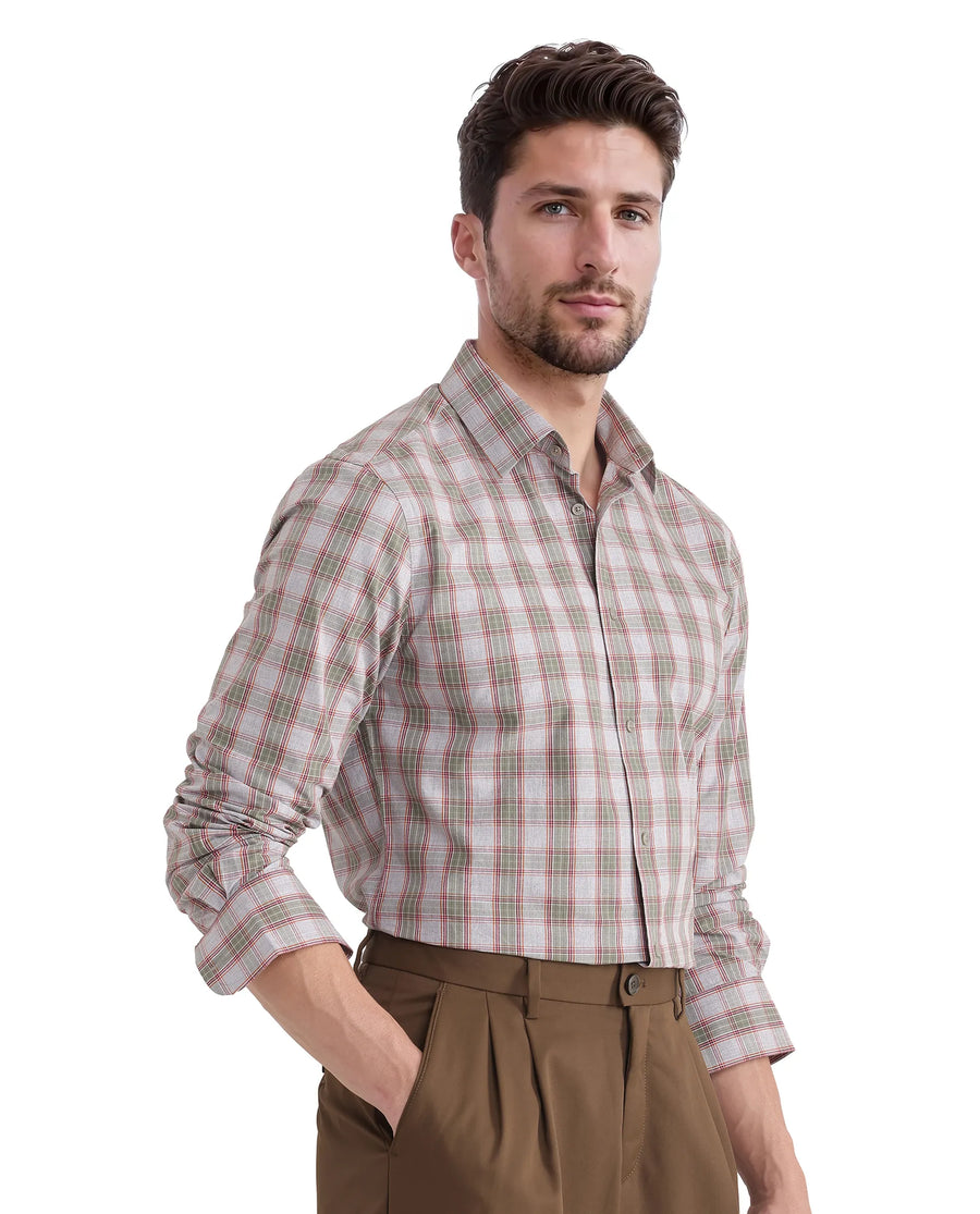 Rare Rabbit Men's Marn Dusky Green Cotton Checked Print Regular Fit Full Sleeve Collared Shirt