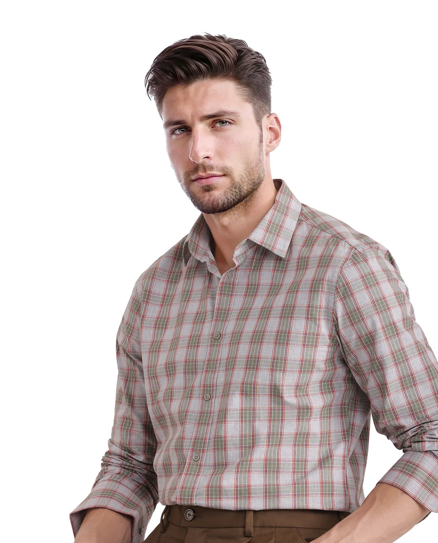 Rare Rabbit Men's Marn Dusky Green Cotton Checked Print Regular Fit Full Sleeve Collared Shirt