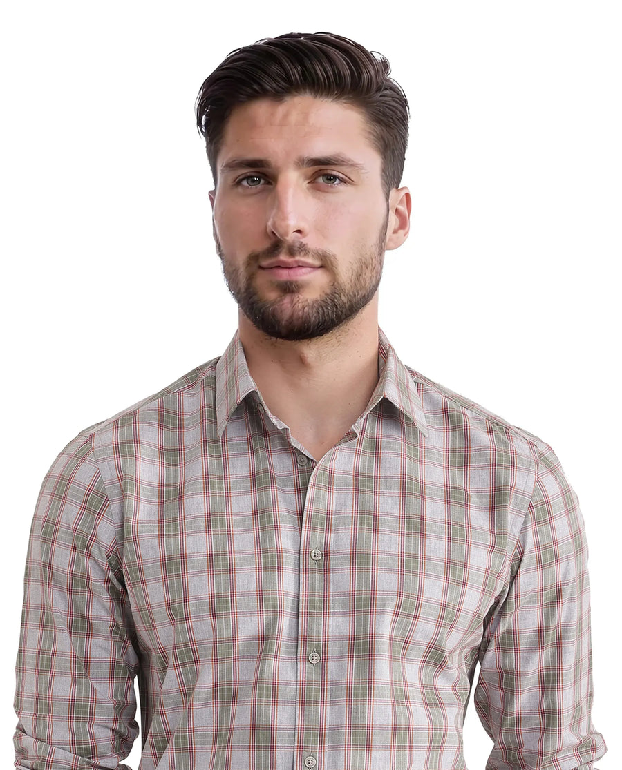 Rare Rabbit Men's Marn Dusky Green Cotton Checked Print Regular Fit Full Sleeve Collared Shirt