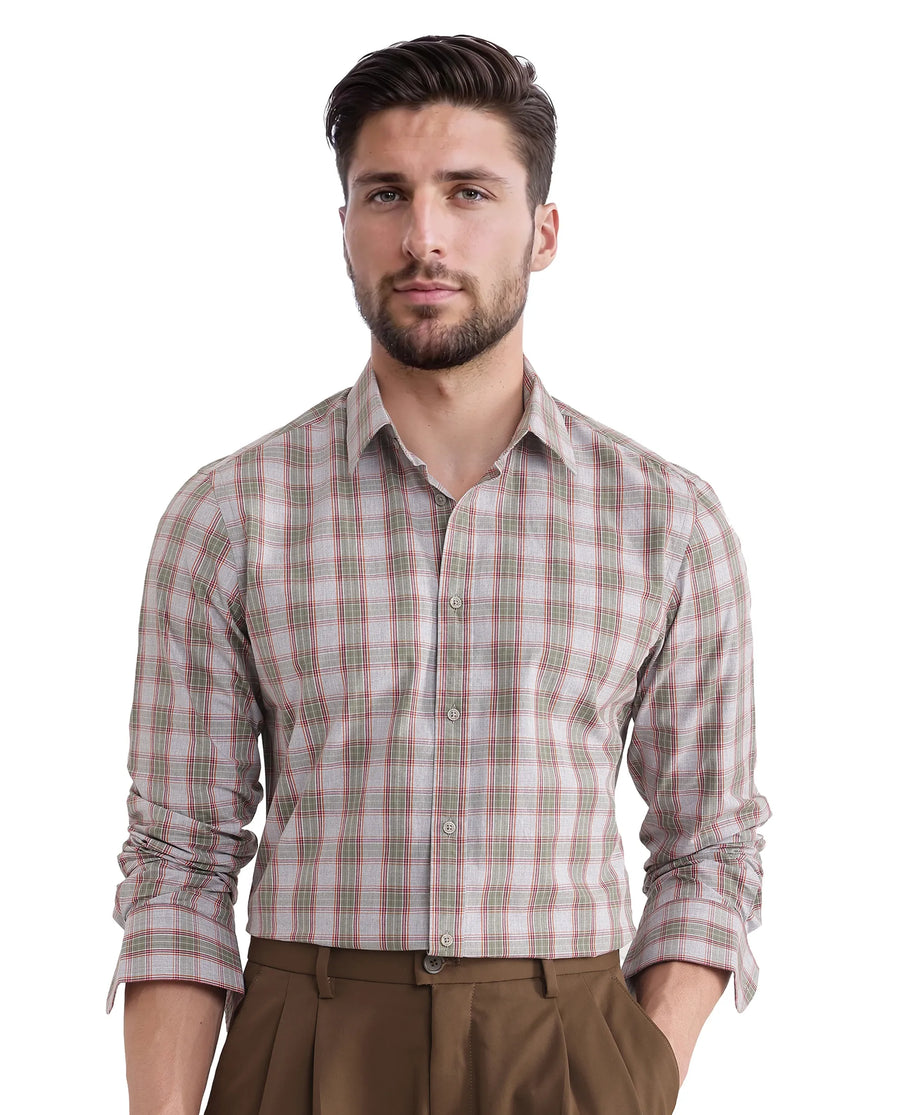 Rare Rabbit Men's Marn Dusky Green Cotton Checked Print Regular Fit Full Sleeve Collared Shirt