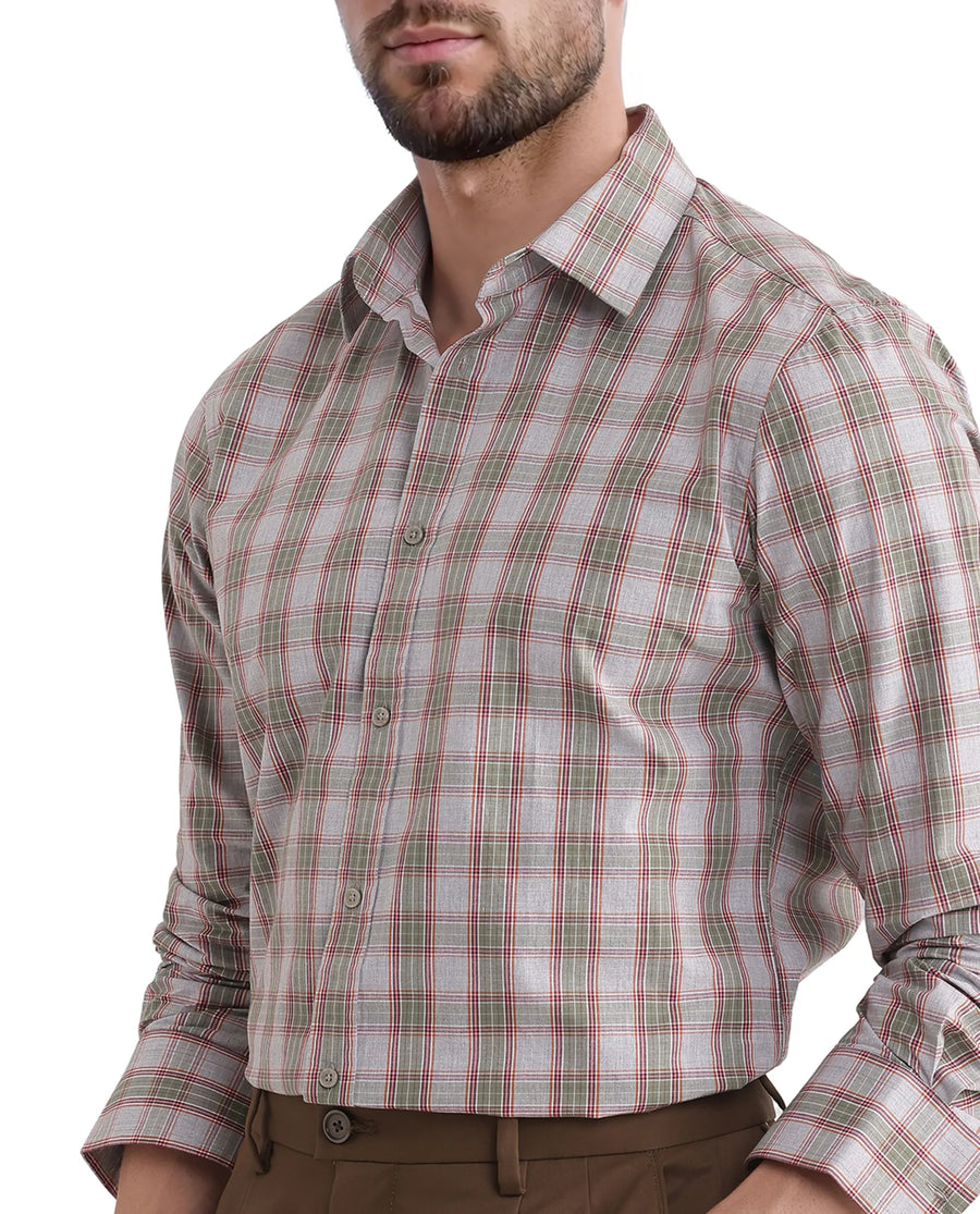 Rare Rabbit Men's Marn Dusky Green Cotton Checked Print Regular Fit Full Sleeve Collared Shirt
