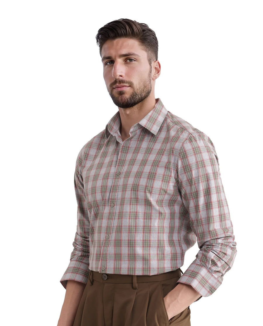 Rare Rabbit Men's Marn Dusky Green Cotton Checked Print Regular Fit Full Sleeve Collared Shirt