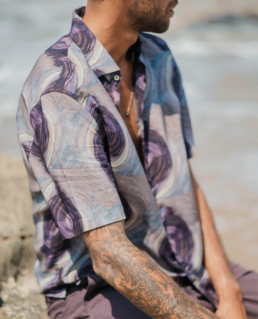 Rare Rabbit Men's Marock Dusky Olive Viscose Abstract Print Boxy Fit Half Sleeve Collared Shirt