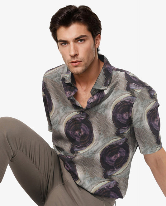 Rare Rabbit Men's Marock Dusky Olive Viscose Abstract Print Boxy Fit Half Sleeve Collared Shirt