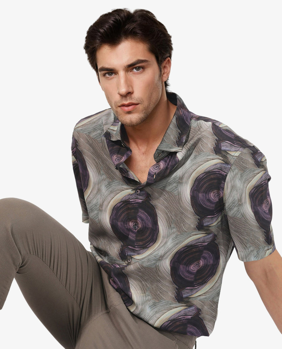 Rare Rabbit Men's Marock Dusky Olive Viscose Abstract Print Boxy Fit Half Sleeve Collared Shirt