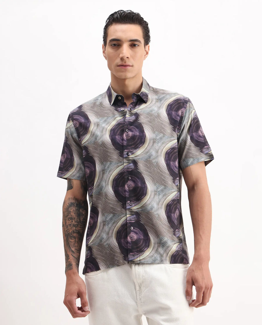 Rare Rabbit Men's Marock-25 Light Grey Viscose Abstract Print Regular Fit Half Sleeve Collared Shirt
