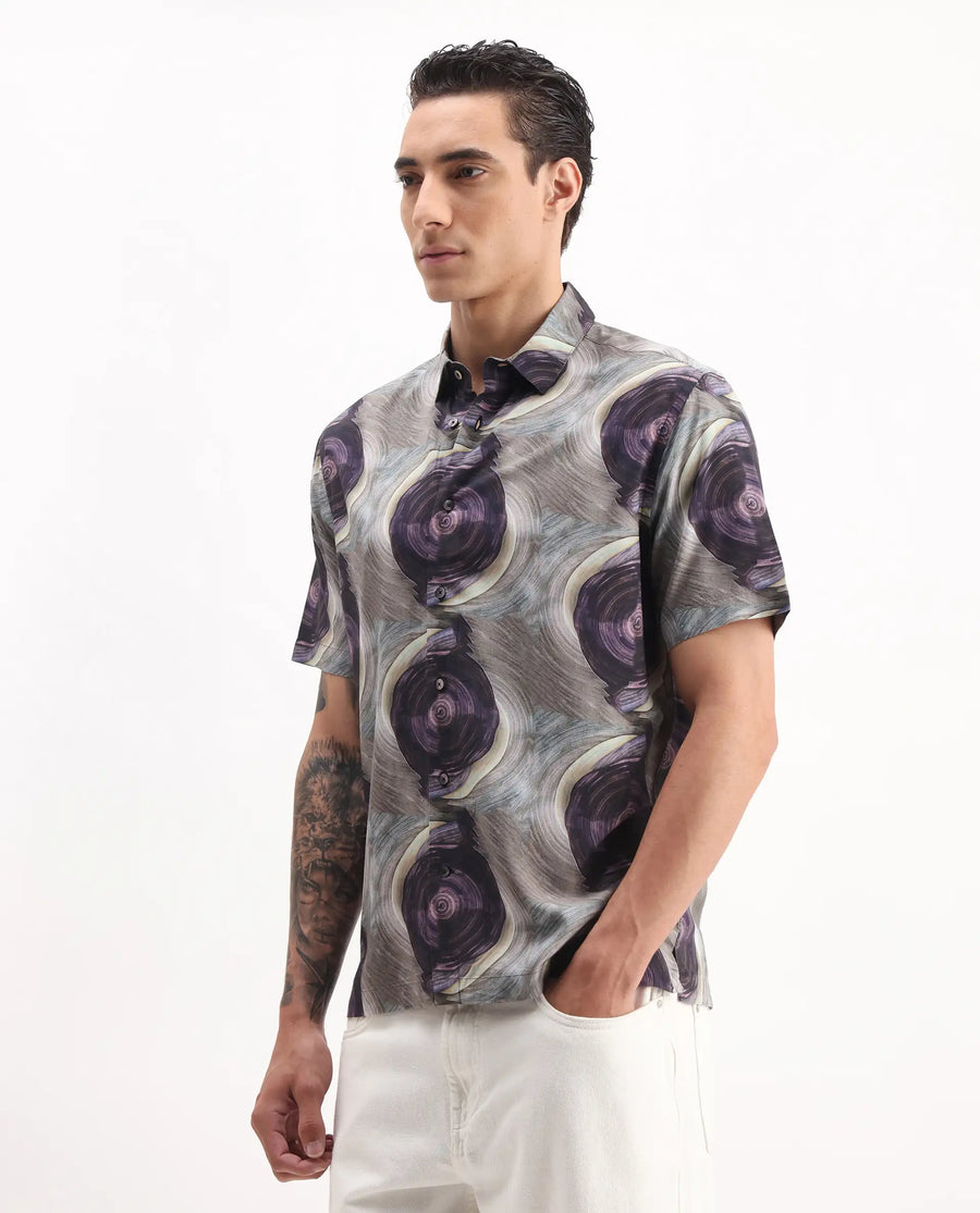 Rare Rabbit Men's Marock-25 Light Grey Viscose Abstract Print Regular Fit Half Sleeve Collared Shirt