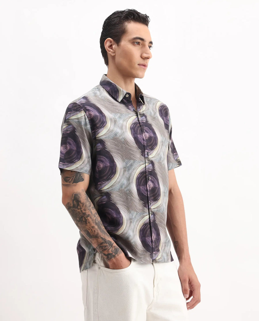 Rare Rabbit Men's Marock-25 Light Grey Viscose Abstract Print Regular Fit Half Sleeve Collared Shirt