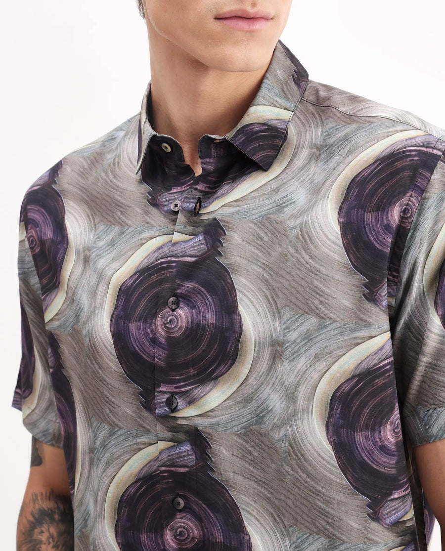 Rare Rabbit Men's Marock-25 Light Grey Viscose Abstract Print Regular Fit Half Sleeve Collared Shirt