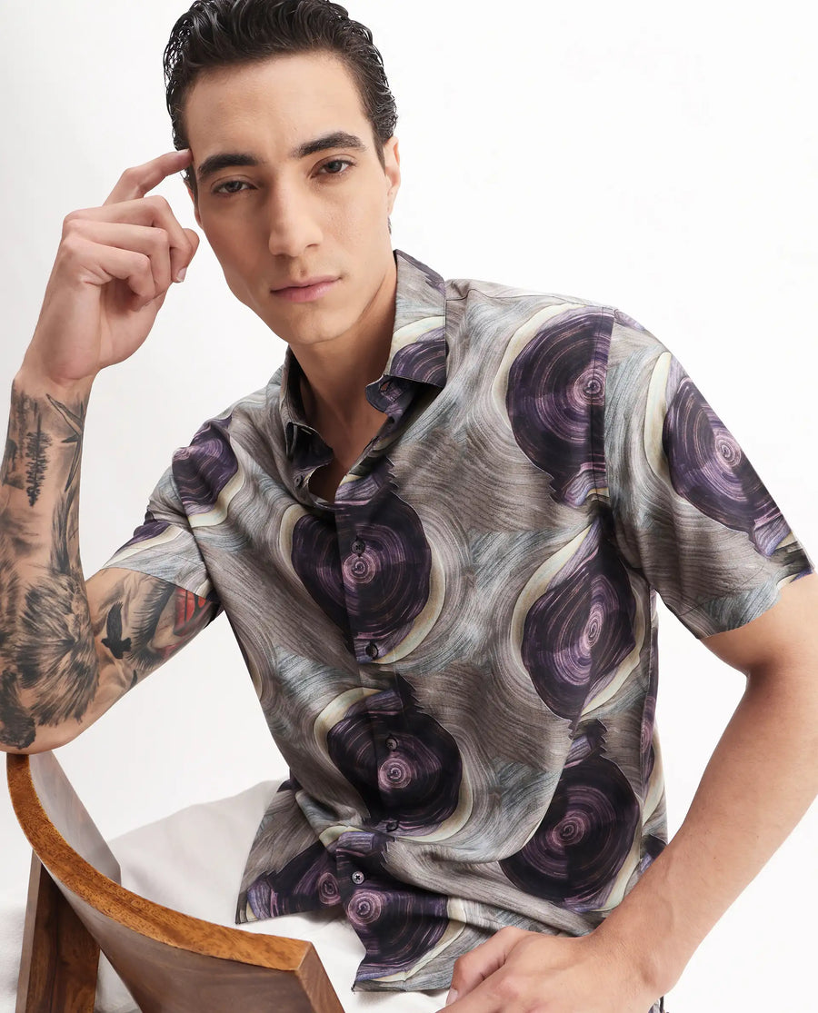 Rare Rabbit Men's Marock-25 Light Grey Viscose Abstract Print Regular Fit Half Sleeve Collared Shirt