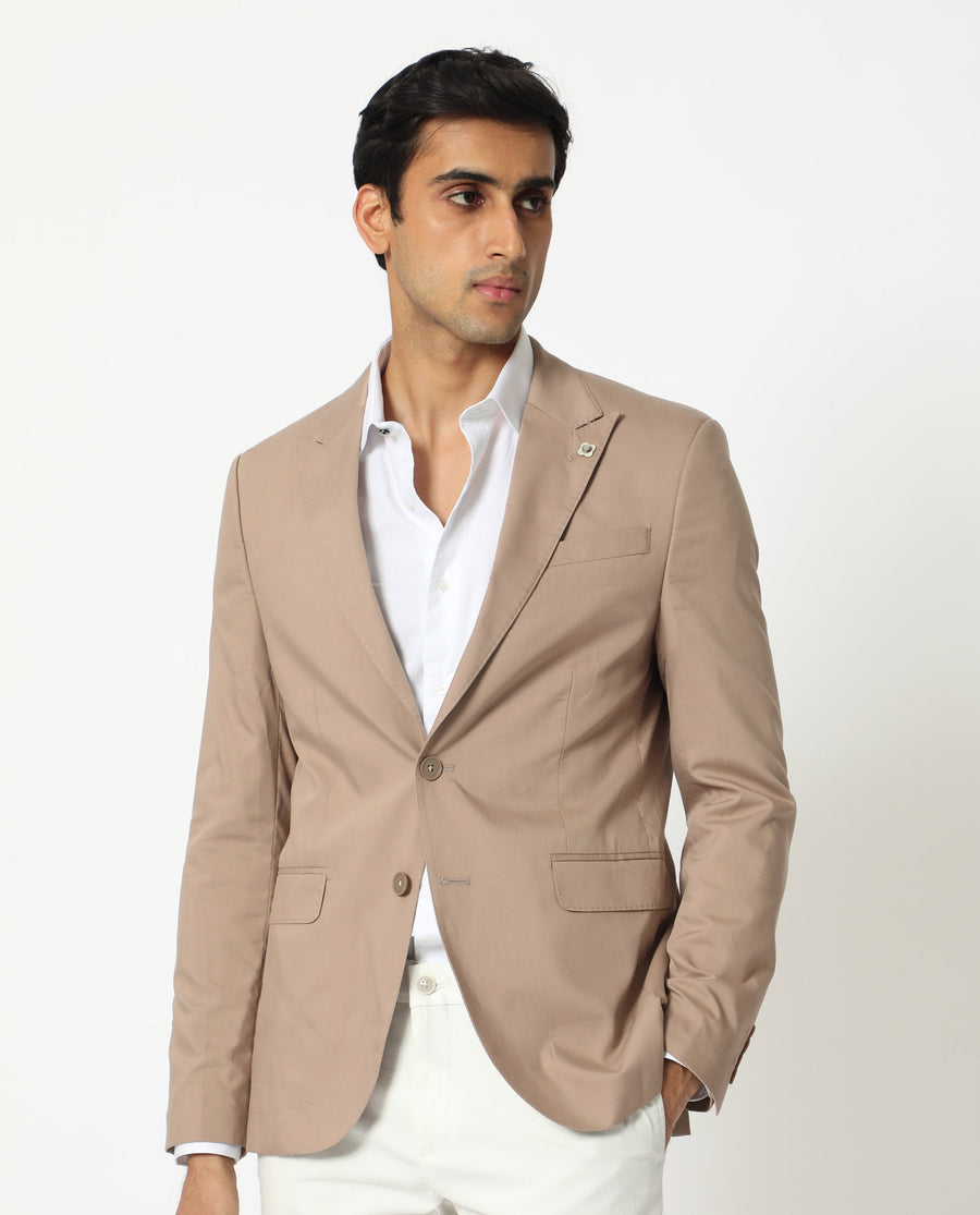 Rare Rabbit Men's Maroni Beige Cotton Plain Tailored Fit Full Sleeve Lapel Neck Blazer