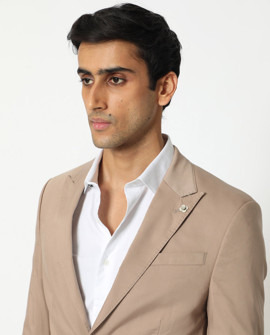 Rare Rabbit Men's Maroni Beige Cotton Plain Tailored Fit Full Sleeve Lapel Neck Blazer