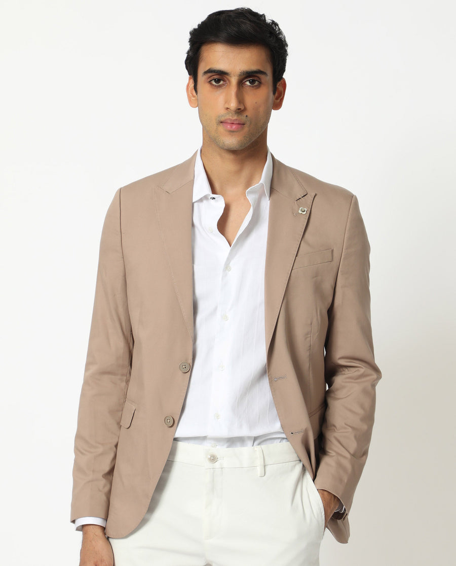 Rare Rabbit Men's Maroni Beige Cotton Plain Tailored Fit Full Sleeve Lapel Neck Blazer