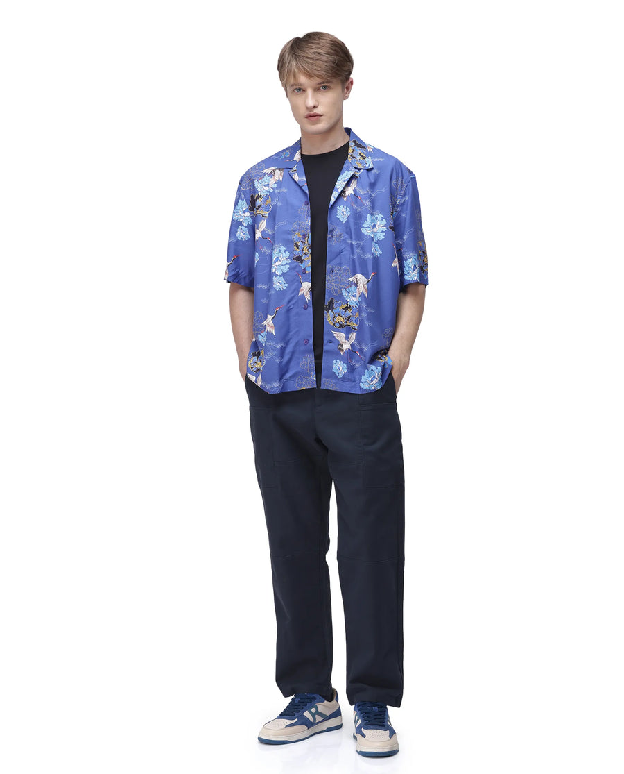 Rare Rabbit Men's Marque Blue Viscose Floral Print Boxy Fit Half Sleeve Cuban Collar Shirt
