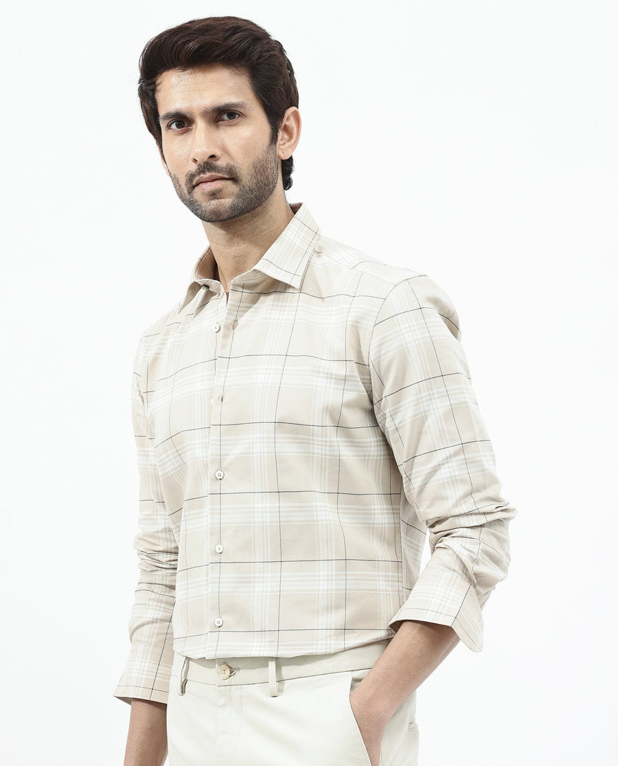 Rare Rabbit Men's Marron Beige Cotton Checked Print Regular Fit Full Sleeve Collared Shirt