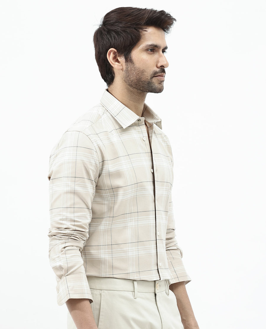 Rare Rabbit Men's Marron Beige Cotton Checked Print Regular Fit Full Sleeve Collared Shirt