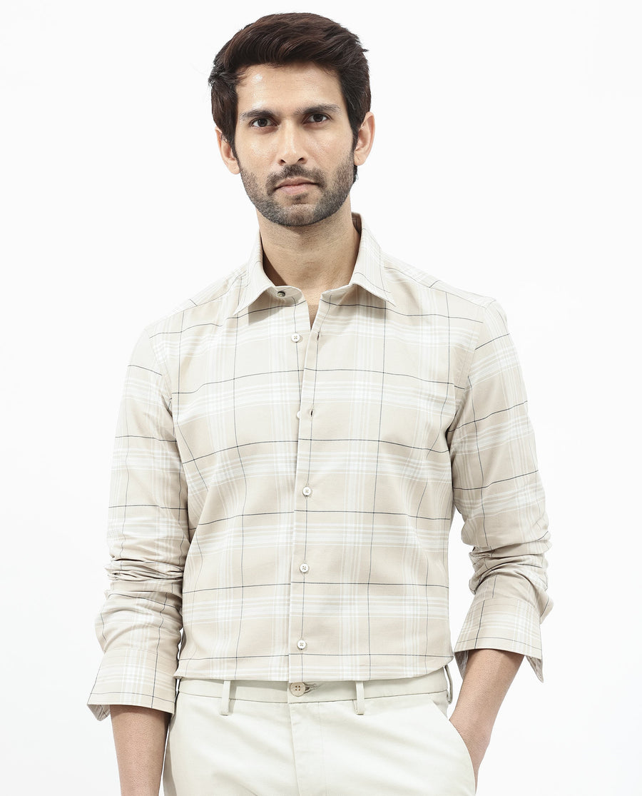 Rare Rabbit Men's Marron Beige Cotton Checked Print Regular Fit Full Sleeve Collared Shirt