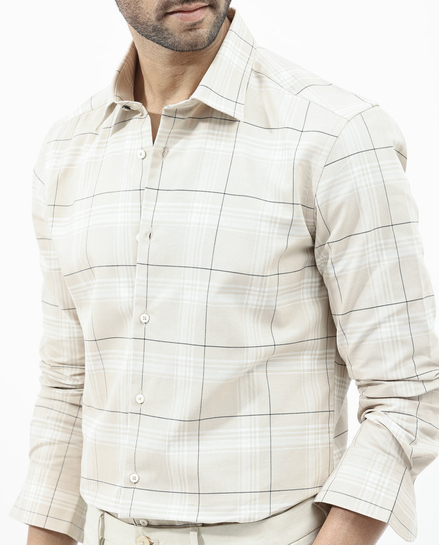 Rare Rabbit Men's Marron Beige Cotton Checked Print Regular Fit Full Sleeve Collared Shirt