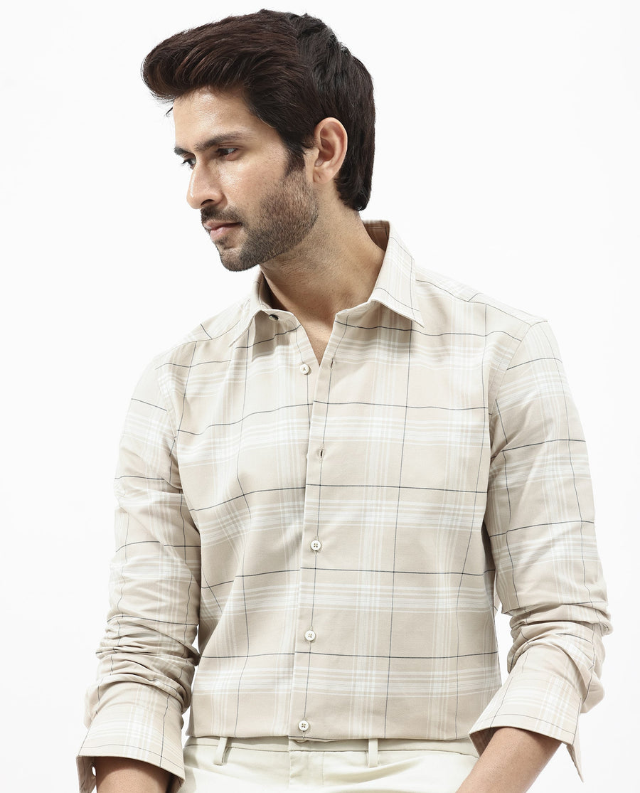 Rare Rabbit Men's Marron Beige Cotton Checked Print Regular Fit Full Sleeve Collared Shirt