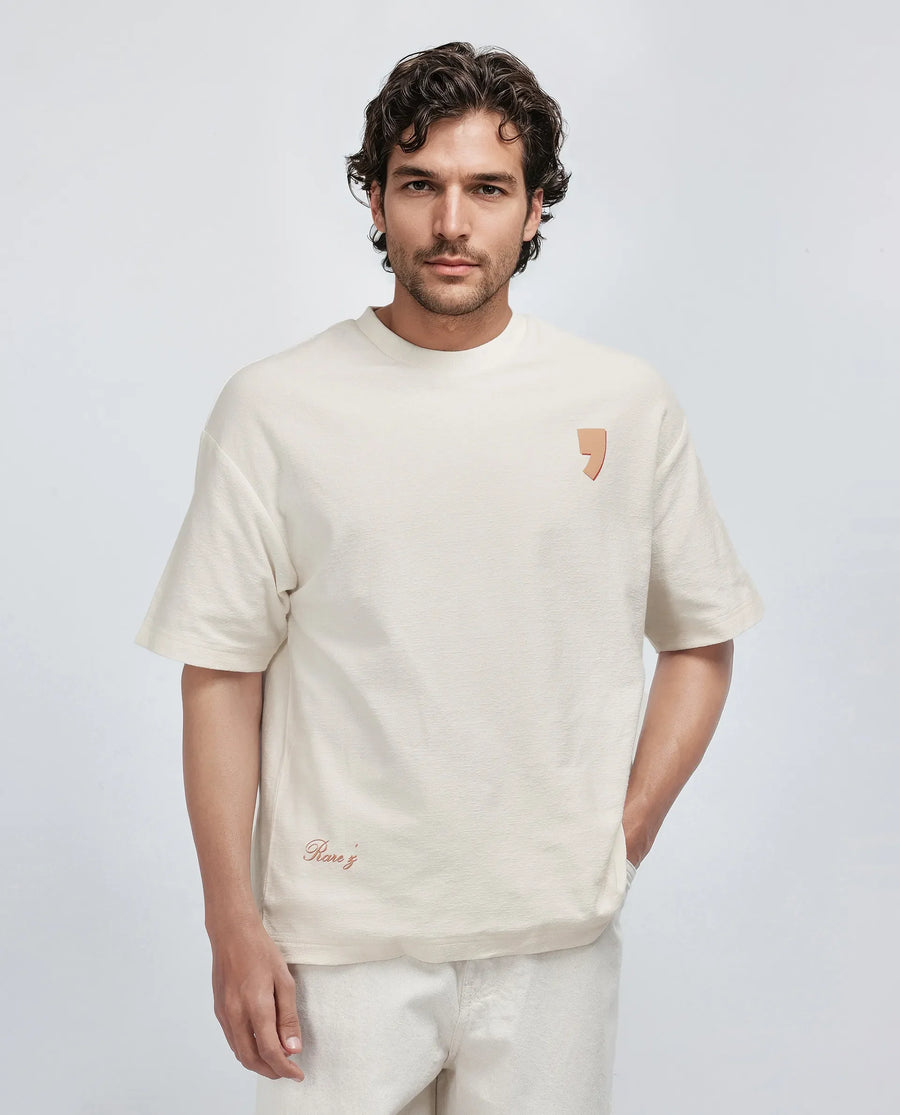 Rare Rabbit Men's Marsa Off White Cotton Blend Graphic Print Oversized Fit Half Sleeve Crew Neck T-Shirt