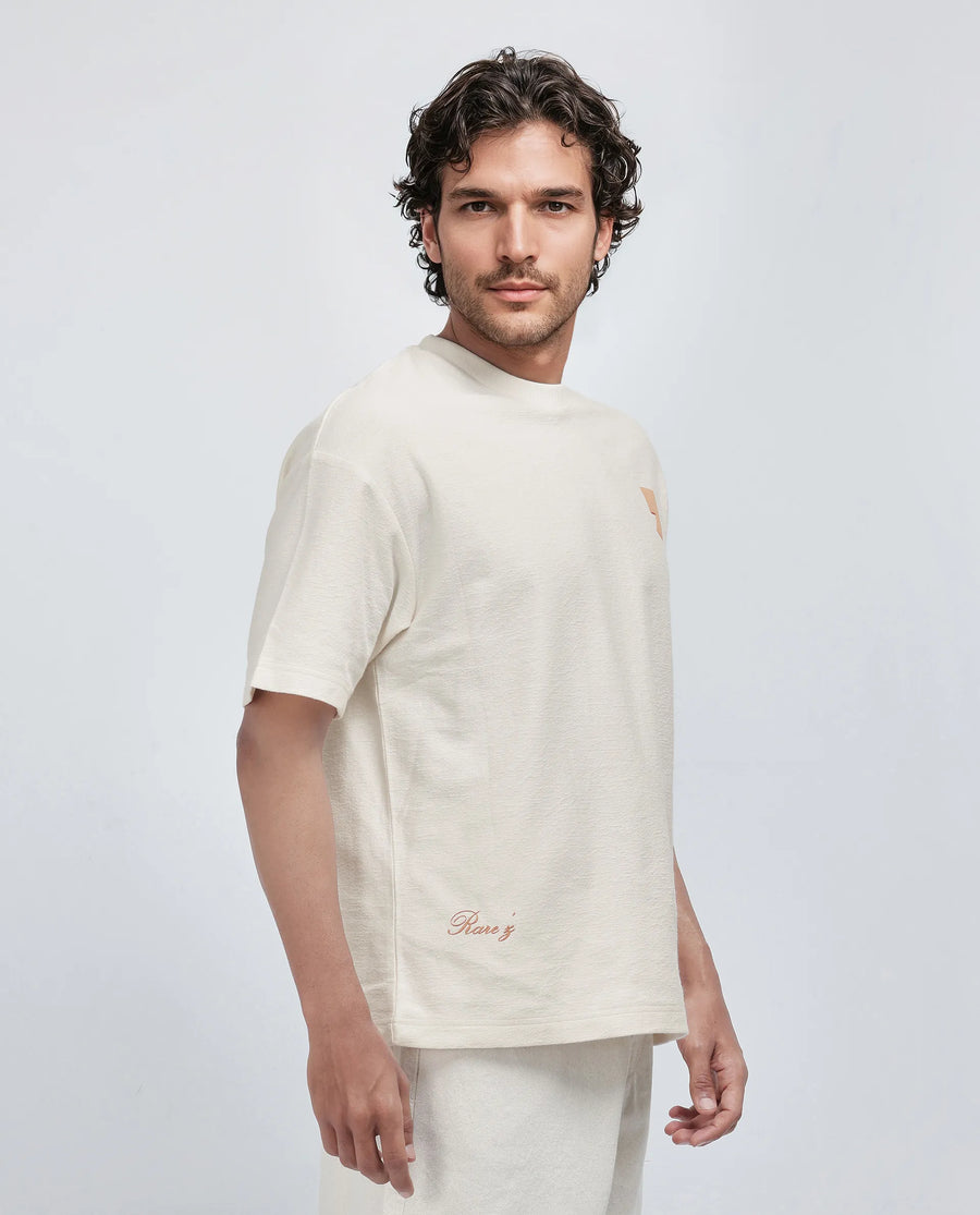 Rare Rabbit Men's Marsa Off White Cotton Blend Graphic Print Oversized Fit Half Sleeve Crew Neck T-Shirt