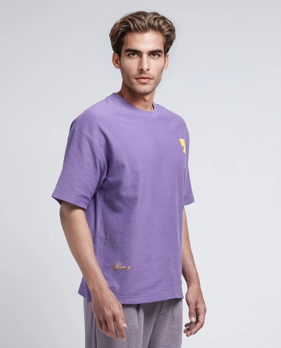 Rare Rabbit Men's Marsa Purple Cotton Blend Graphic Print Oversized Fit Half Sleeve Crew Neck T-Shirt