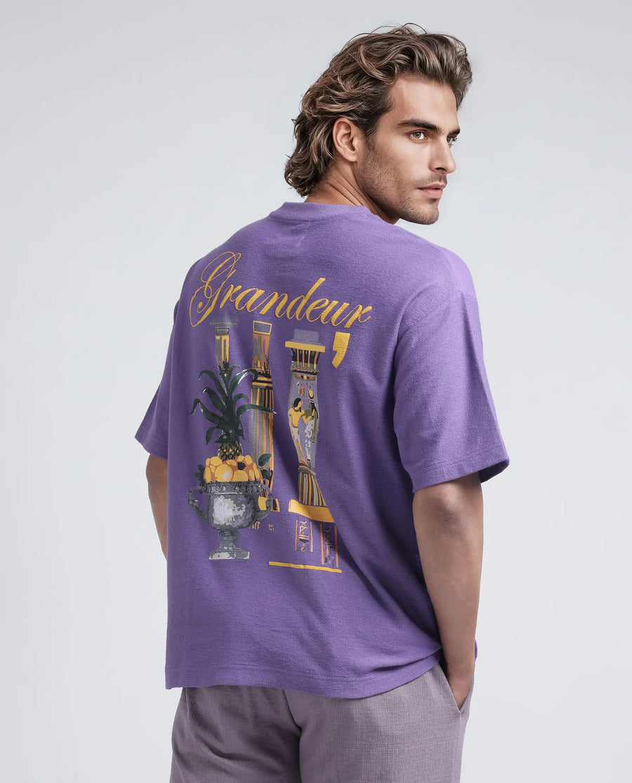 Rare Rabbit Men's Marsa Purple Cotton Blend Graphic Print Oversized Fit Half Sleeve Crew Neck T-Shirt