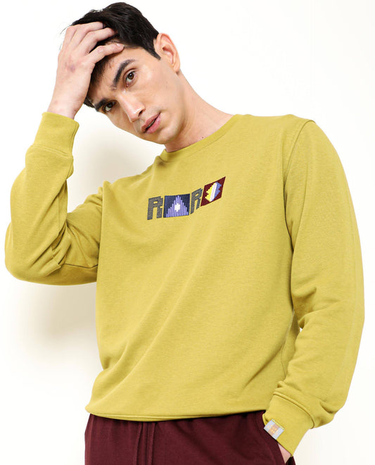 Rare Rabbit Men's Martis Olive Cotton Embroidered Regular Fit Full Sleeve Crew Neck Sweatshirt