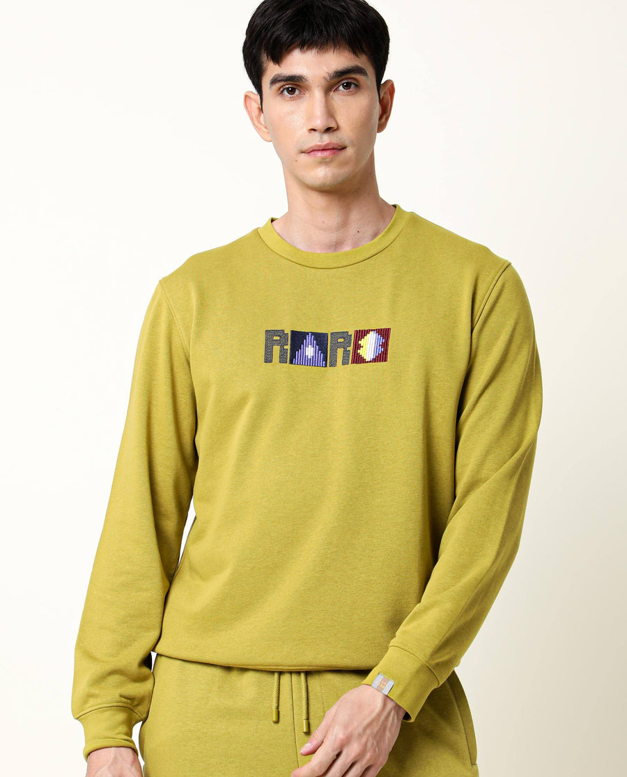 Rare Rabbit Men's Martis Olive Cotton Embroidered Regular Fit Full Sleeve Crew Neck Sweatshirt