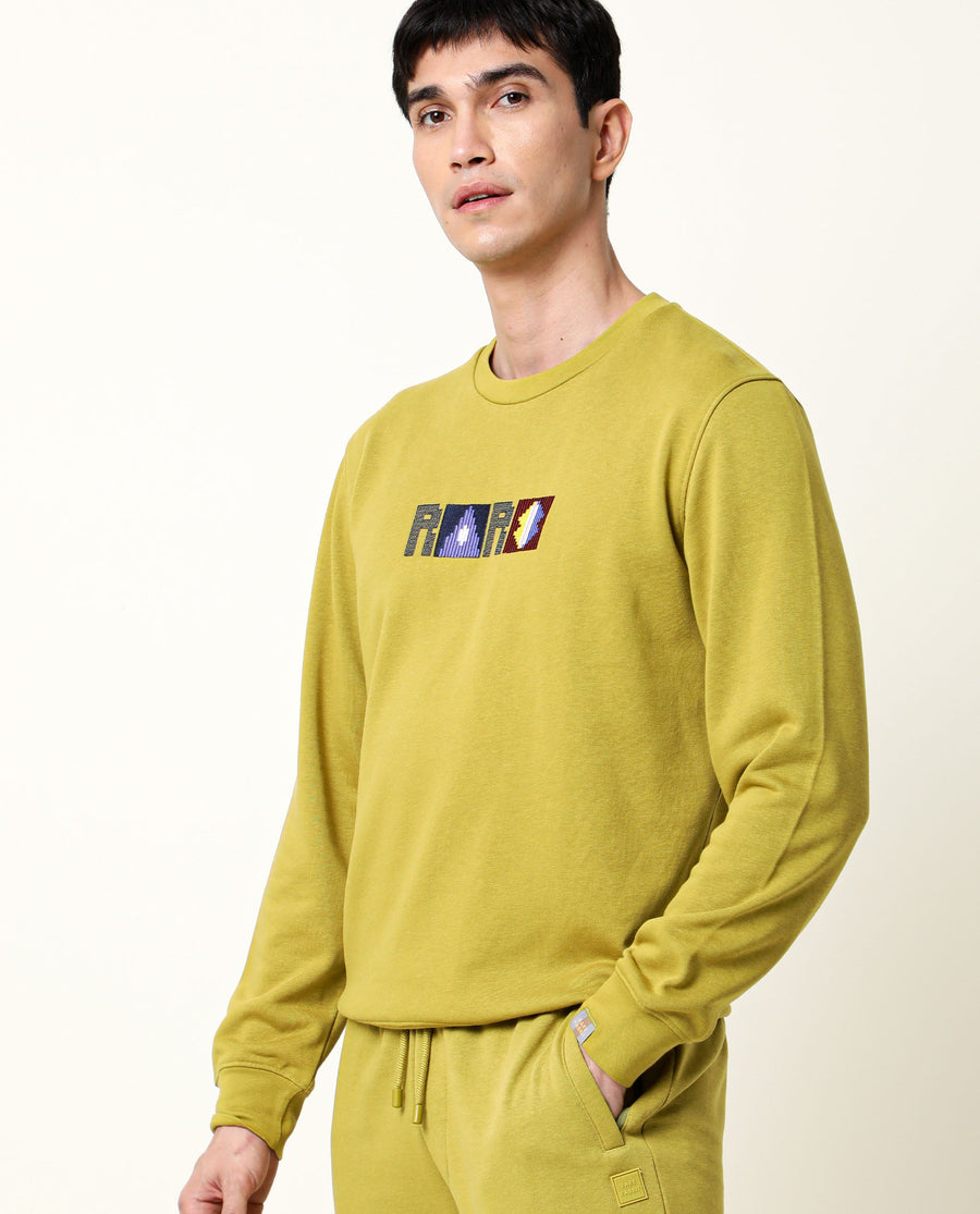 Rare Rabbit Men's Martis Olive Cotton Embroidered Regular Fit Full Sleeve Crew Neck Sweatshirt