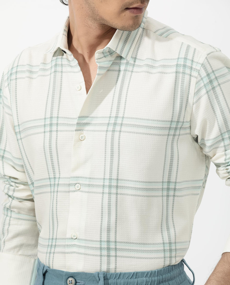 Rare Rabbit Men's Marvon Pastel Off White Cotton Checked Print Regular Fit Full Sleeve Collared Shirt