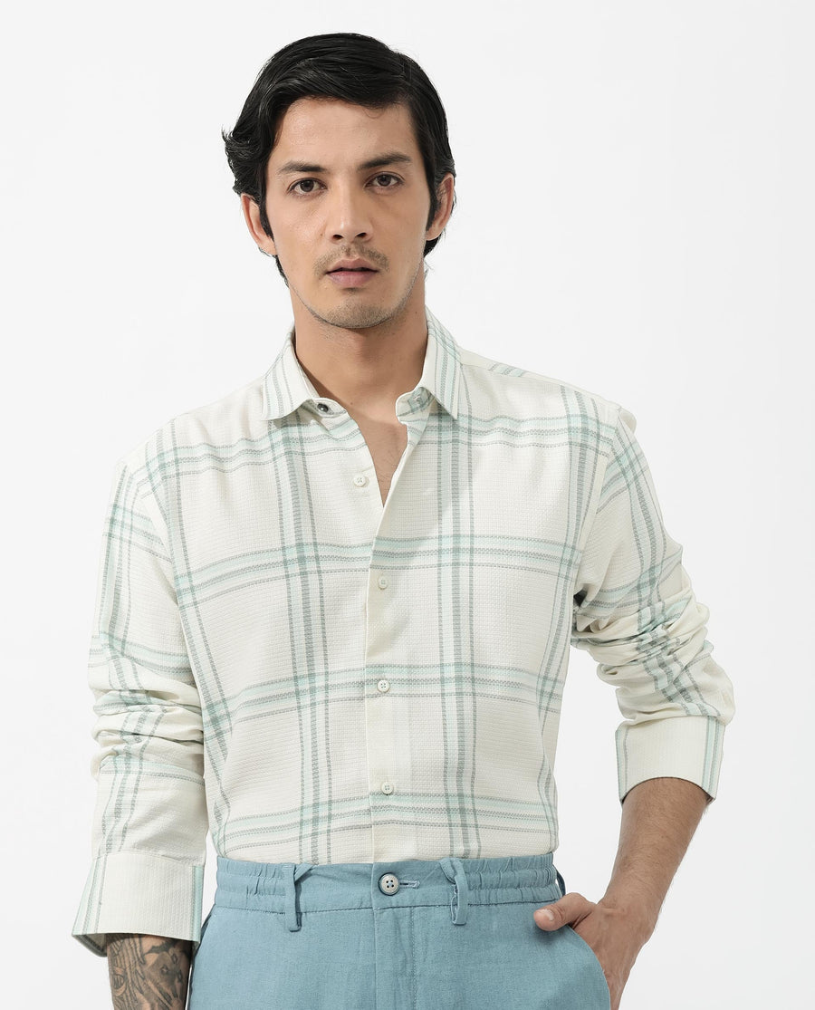 Rare Rabbit Men's Marvon Pastel Off White Cotton Checked Print Regular Fit Full Sleeve Collared Shirt