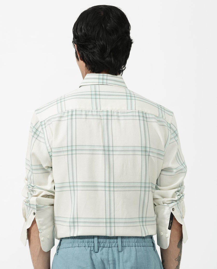 Rare Rabbit Men's Marvon Pastel Off White Cotton Checked Print Regular Fit Full Sleeve Collared Shirt