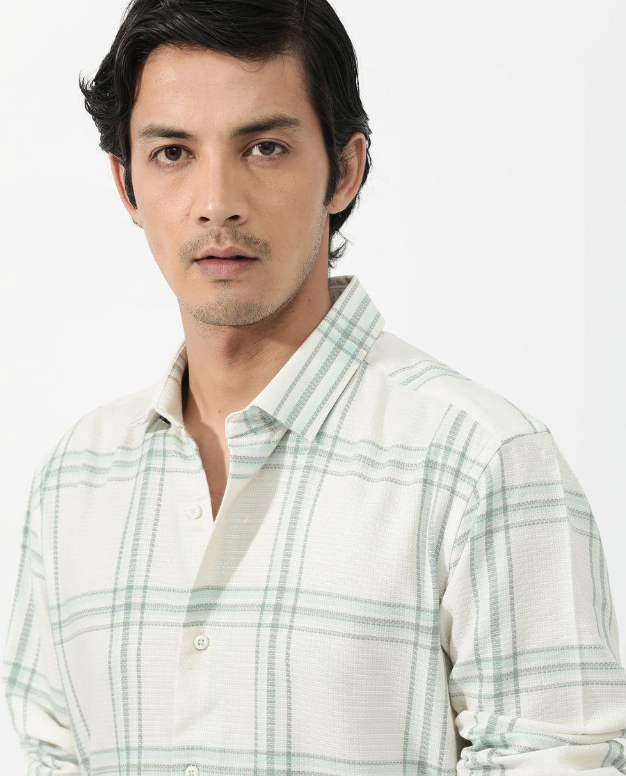Rare Rabbit Men's Marvon Pastel Off White Cotton Checked Print Regular Fit Full Sleeve Collared Shirt