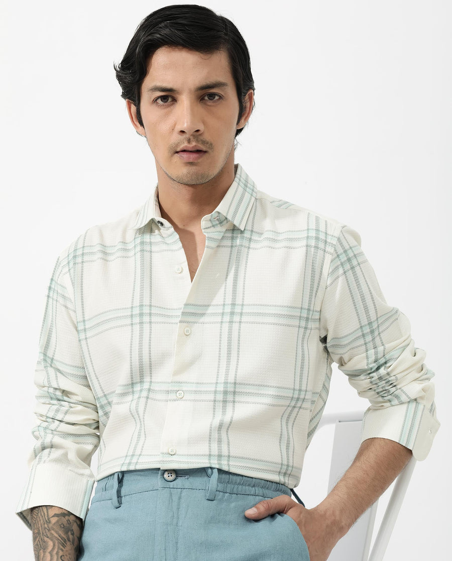 Rare Rabbit Men's Marvon Pastel Off White Cotton Checked Print Regular Fit Full Sleeve Collared Shirt