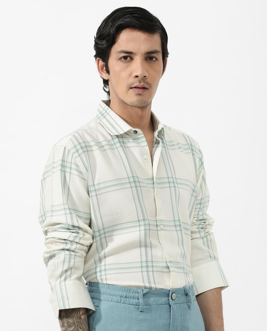 Rare Rabbit Men's Marvon Pastel Off White Cotton Checked Print Regular Fit Full Sleeve Collared Shirt