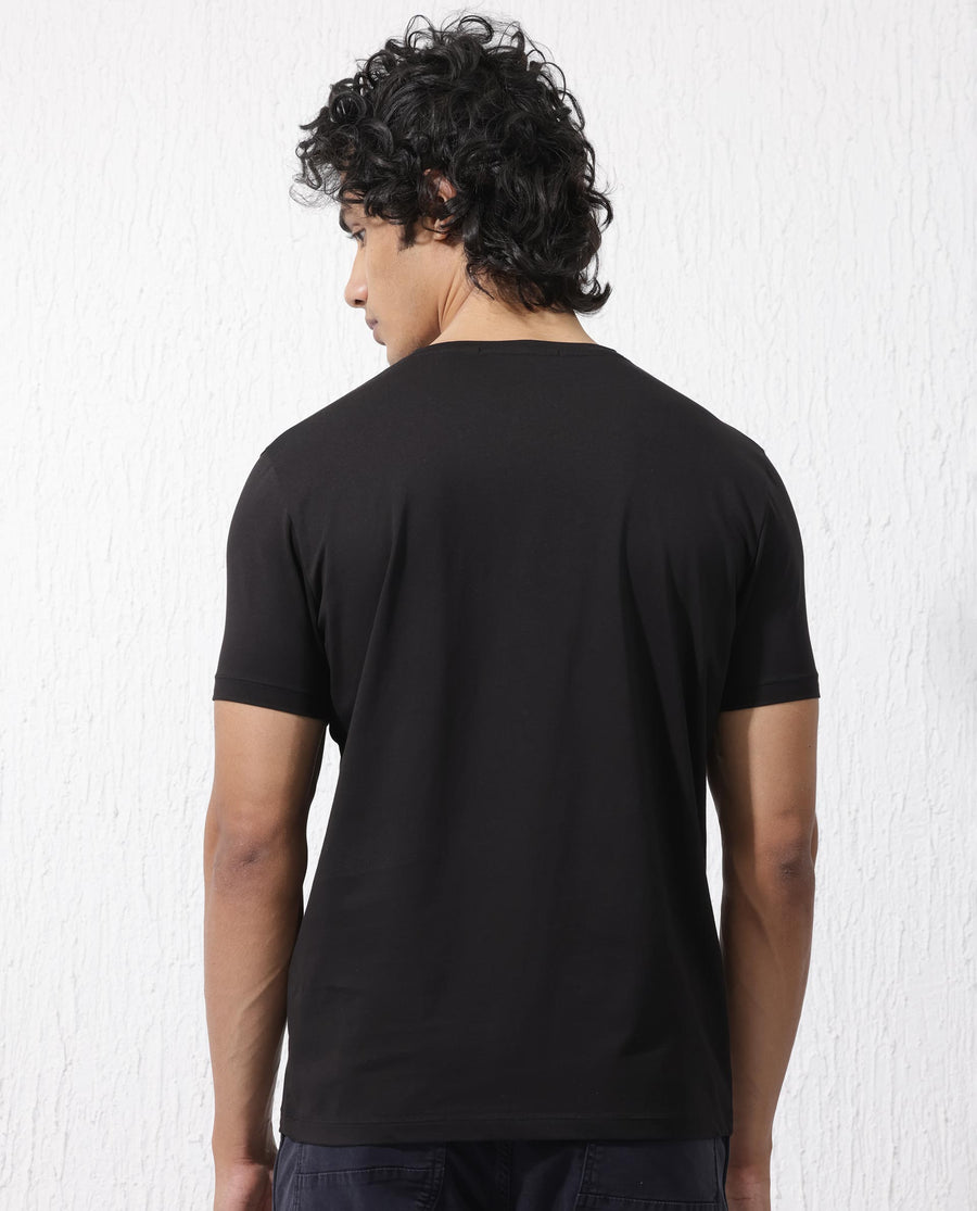 Rare Rabbit Men's Masco Black Cotton Blend Graphic Print Regular Fit Half Sleeve Crew Neck T-Shirt