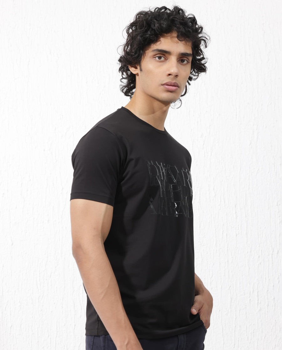 Rare Rabbit Men's Masco Black Cotton Blend Graphic Print Regular Fit Half Sleeve Crew Neck T-Shirt