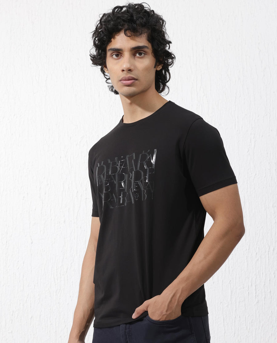 Rare Rabbit Men's Masco Black Cotton Blend Graphic Print Regular Fit Half Sleeve Crew Neck T-Shirt