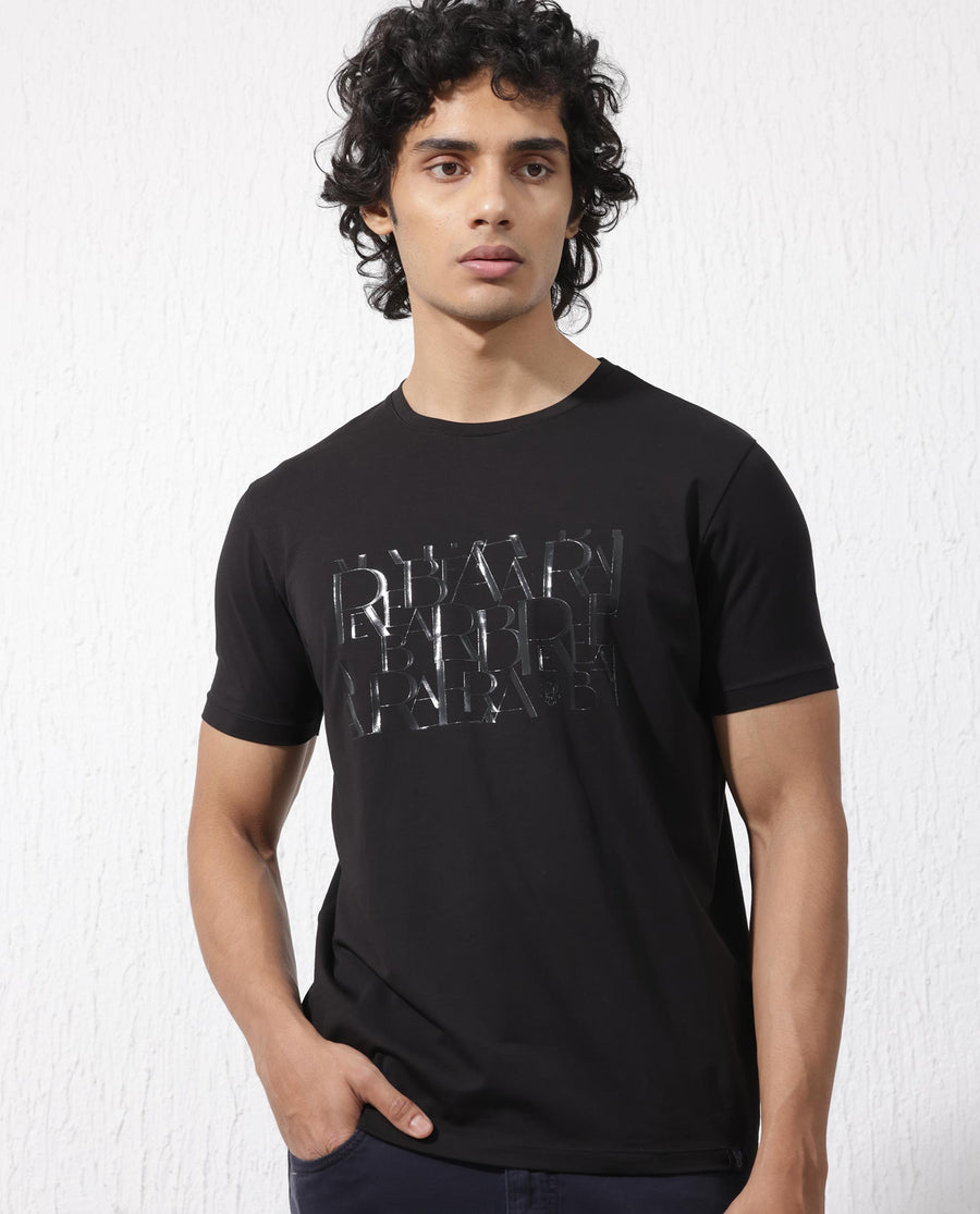 Rare Rabbit Men's Masco Black Cotton Blend Graphic Print Regular Fit Half Sleeve Crew Neck T-Shirt