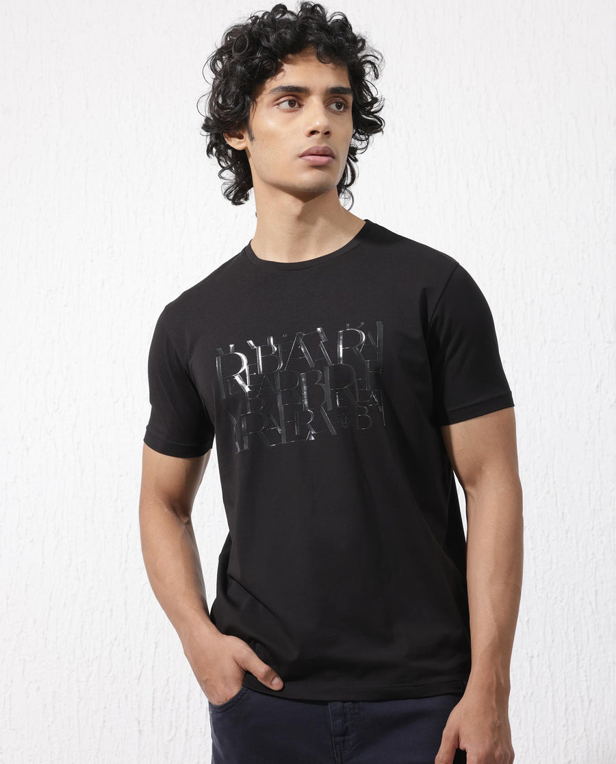 Rare Rabbit Men's Masco Black Cotton Blend Graphic Print Regular Fit Half Sleeve Crew Neck T-Shirt