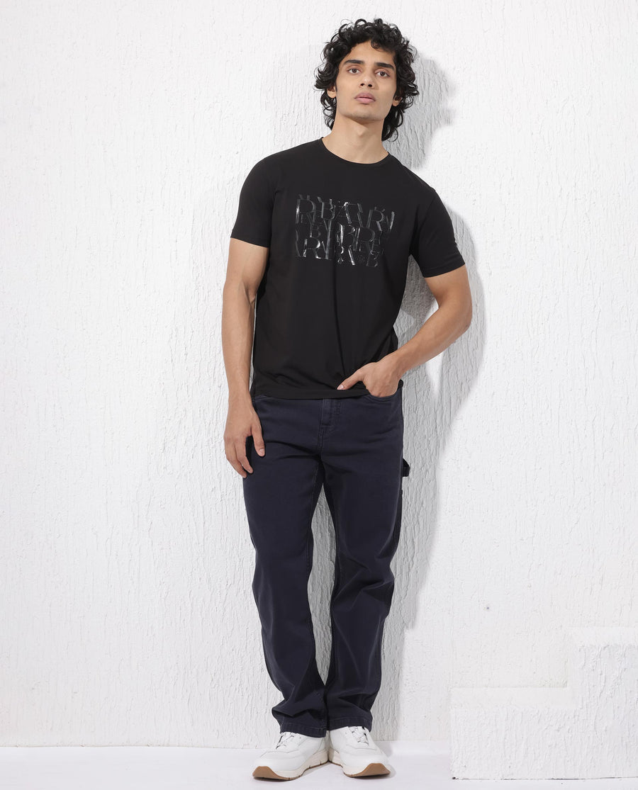 Rare Rabbit Men's Masco Black Cotton Blend Graphic Print Regular Fit Half Sleeve Crew Neck T-Shirt
