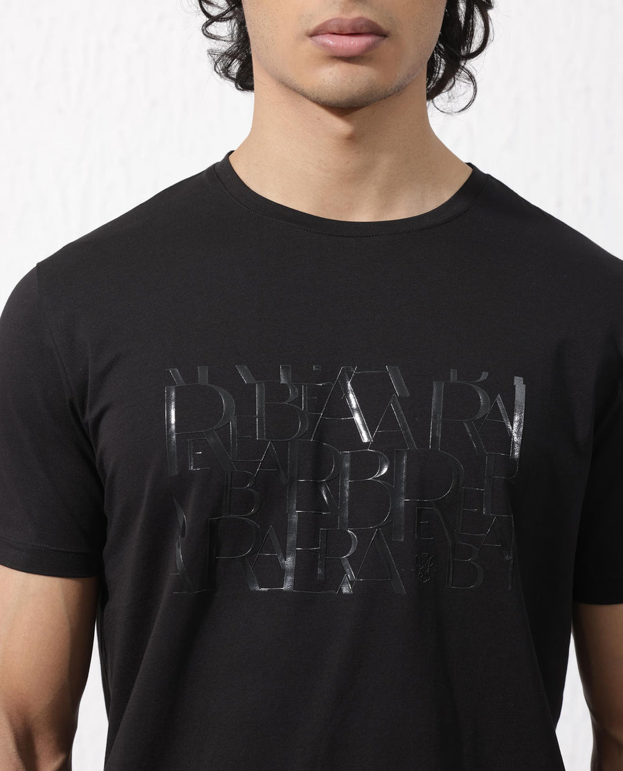 Rare Rabbit Men's Masco Black Cotton Blend Graphic Print Regular Fit Half Sleeve Crew Neck T-Shirt