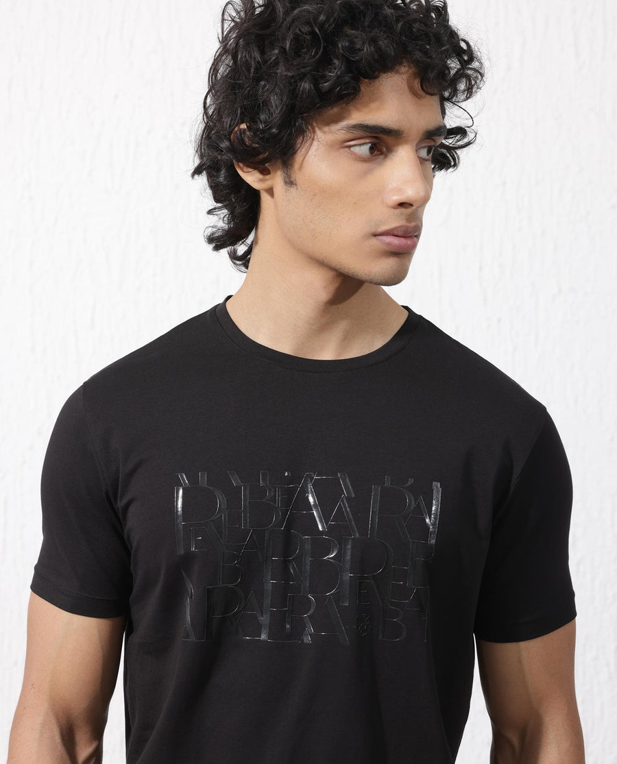 Rare Rabbit Men's Masco Black Cotton Blend Graphic Print Regular Fit Half Sleeve Crew Neck T-Shirt