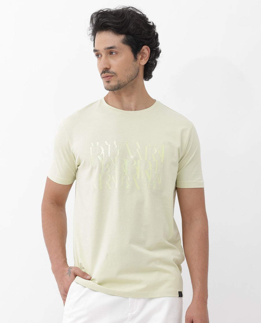 Rare Rabbit Men's Masco Pastel Green Cotton Blend Graphic Print Regular Fit Half Sleeve Crew Neck T-Shirt