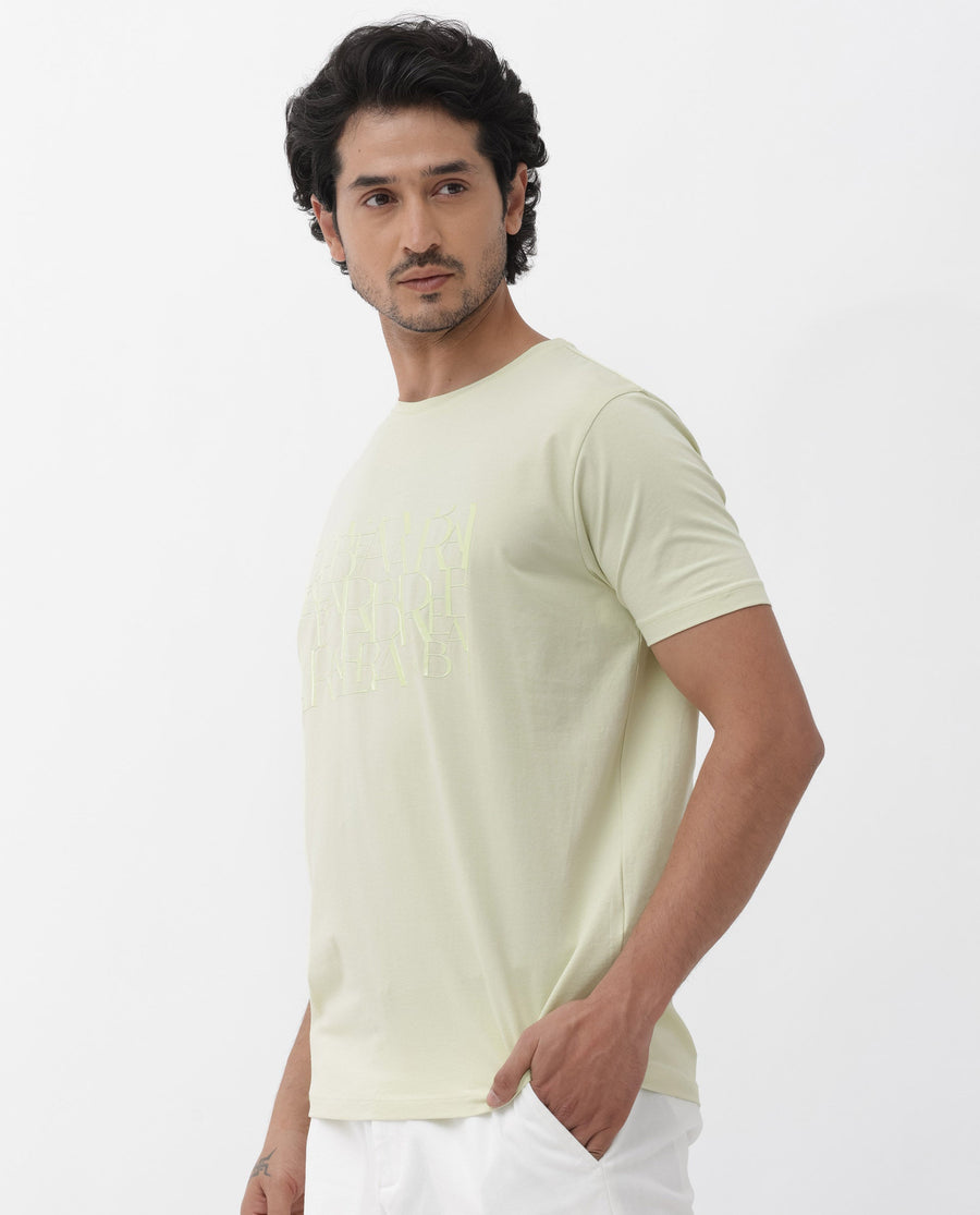 Rare Rabbit Men's Masco Pastel Green Cotton Blend Graphic Print Regular Fit Half Sleeve Crew Neck T-Shirt